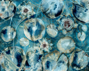 Water Lilies with Flowers, Cyanotyope on Watercolor Paper, 20 X 24